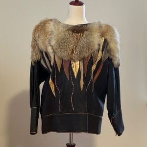 Luxury leather and fur collar top